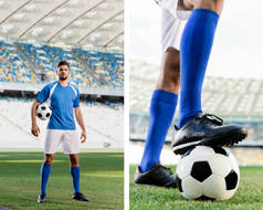 体育场足球场上身穿蓝白相间校服的职业足球运动员与穿着足球鞋的男足的拼贴