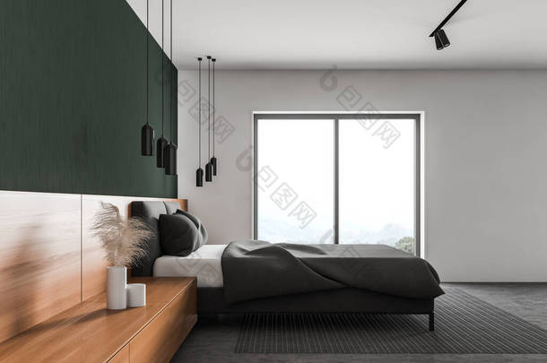 宽敞的主卧室侧景，绿白相间的墙壁，混凝土地面，舒适的国王<strong>尺寸</strong>的床，木制床头柜和山景的窗户。3d渲染