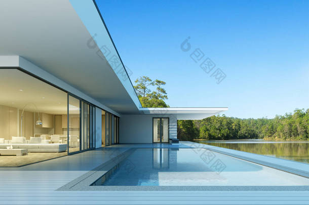 豪华现代房子的透视与游泳池在白天时间在绿色湖背景, 最小的建筑设计想法。3d 渲染