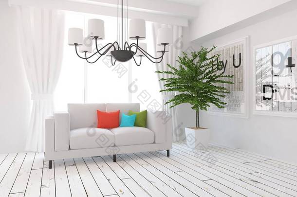 白色简约的房间，内饰家具。家里的北欧内陆。3D插图