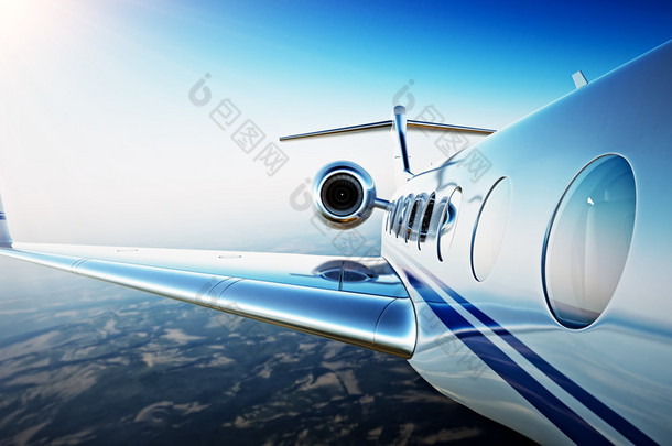 白色豪华通用设计私人飞机在日出时在蓝天飞行的特写照片。无人居住的沙漠山脉背景.商务旅行图片.水平，电影效果。3d 渲染.