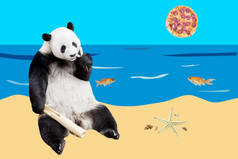 可爱的大熊猫在海滩上吃竹子