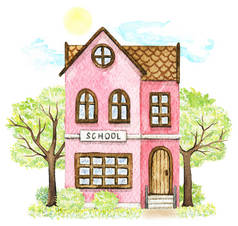 水彩粉红色动画片学校大厦围拢了风景