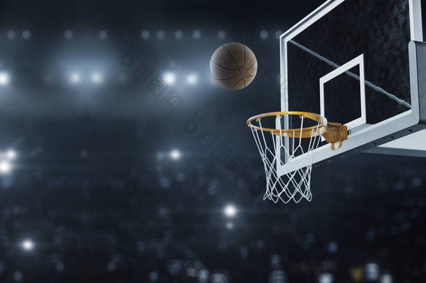 三维渲染篮球在照相机闪光的<strong>背景</strong>下慢动作击中篮筐