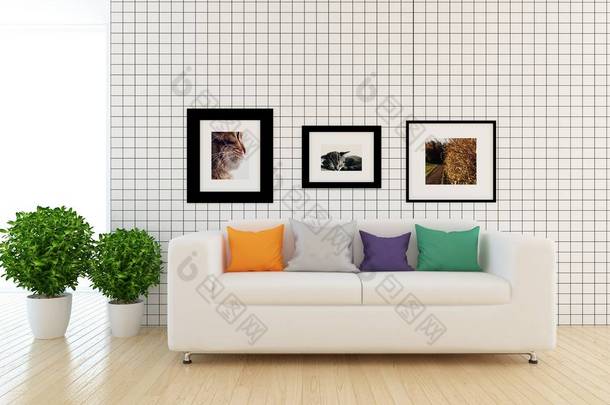 提出了在沙发、植物和木地板上的斯堪的纳维亚客厅内部的想法。家北欧内饰。3d 插图 