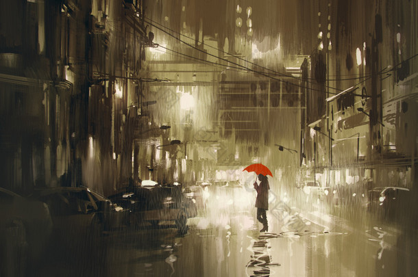 横过街道、 下着雨的晚上的红伞的女人