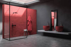 红色和灰色浴室角落，淋浴和水槽