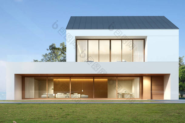 以海景背景为背景，采用木制平台和草地的现代豪华建筑的视角，采用金属屋面设计的双层住宅。 3d渲染.