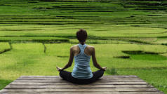 在亚洲, 巴厘岛, 冥想, 放松, 健身, 启蒙, 绿草丛林背景, 越南水稻季梯田稻田中练习瑜伽的年轻女子