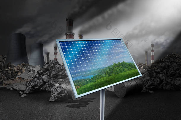 太阳能电池板细胞反射格力自然作为太阳能源电网的替代来源对被污染的<strong>有毒</strong>背景作为阳光燃料作为3d 渲染.