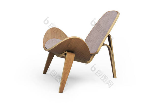 木椅, 软座。浅色木材, 奶油内饰。现代椅子与纺织<strong>品位</strong>子在白色背景与阴影。3d 渲染