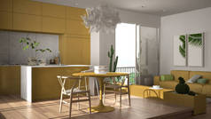 生态绿色室内设计，白色和黄色的客厅，带阳台，厨房，餐桌，多汁盆栽植物，镶木地板，窗户，全景阳台。可持续建筑