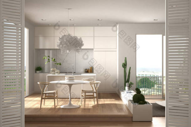 白色折叠门打开简约的厨房，客厅和大全景窗，彩色瓷砖，白色室内设计，建筑师设计师概念，模糊<strong>背景</strong>