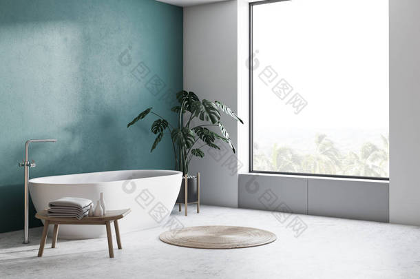 现代化浴室的角落, 有白色和深绿色的墙壁, 水泥地板, 大窗户, 白色浴缸和椅子与<strong>毛巾</strong>和乳霜。3d 渲染