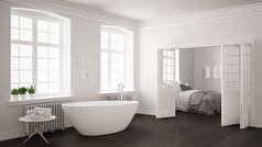 极简主义斯堪的纳维亚白色和灰色浴室和卧室中 