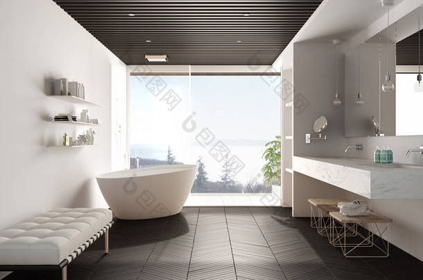 豪华<strong>现代白色</strong>和灰色浴室，带镶木地板和木制镶木地板，大海全景大全景窗，浴缸，淋浴和双水槽，室内设计，简约建筑
