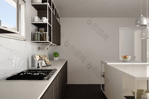 现代白色厨房, 木制细节和镶木地板, 现代吊灯, 简约的室内设计理念, 岛屿与<strong>凳子</strong>和配件