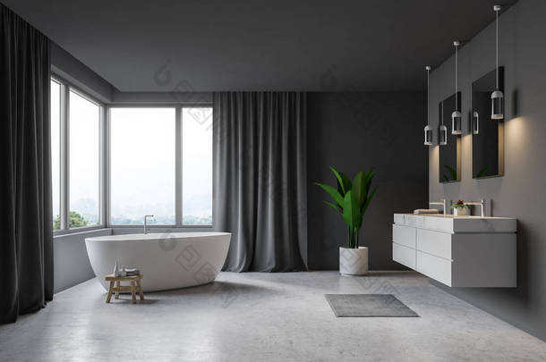 现代化的浴室<strong>内饰</strong>有灰色的墙壁, 混凝土地板, 窗户与灰色窗帘, 白色浴缸和双水槽。3d 渲染