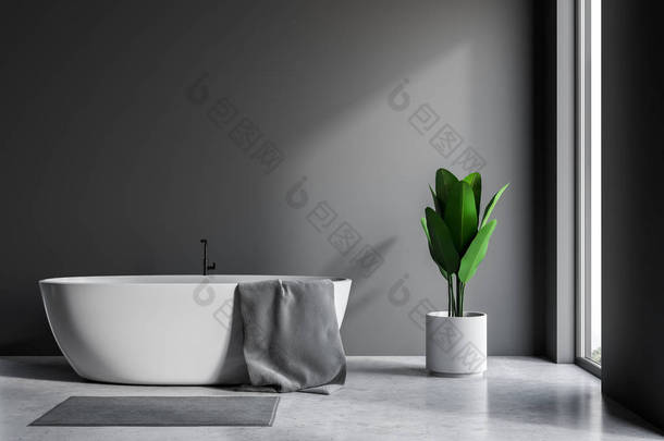 阁楼浴室的内部有灰色的墙壁, 水泥地板, 白色浴缸与灰色毛巾挂在它和大盆栽植物。3d 渲染