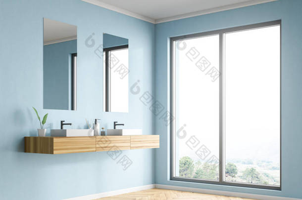 阁楼浴室内饰的角落, 蓝色墙壁, 木地板, 双角水槽在木台面和两个垂直镜子。3d 渲染