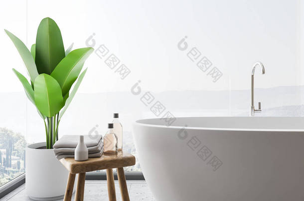 位于<strong>山景</strong>全景浴室的混凝土地板上的圆形白色浴缸关闭。盆栽植物和椅子与洗发水。3d 渲染