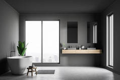 阁楼浴室内有灰色墙壁, 混凝土地板, 白色浴缸和双水槽两个垂直镜子。3d 渲染