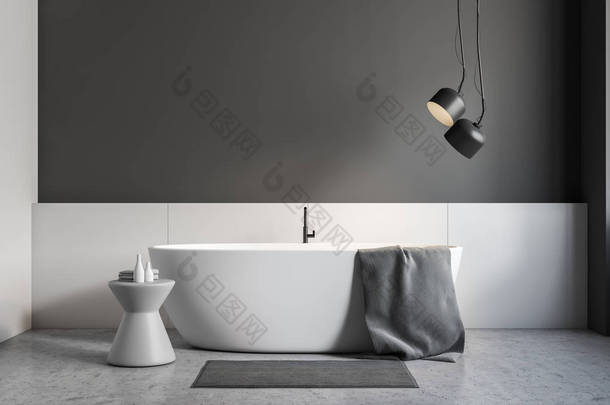 简约的浴室内饰有灰色和白色的墙壁, 水泥地板, 白色浴缸与灰色毛巾在它和灰色的椅子。3d 渲染