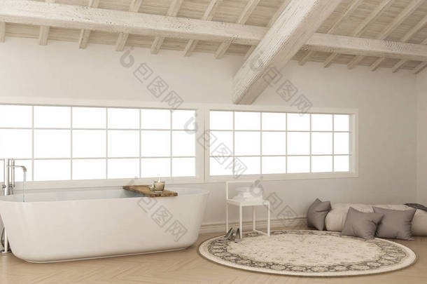 斯堪的纳维亚的白色浴室，阁楼简约的室内设计