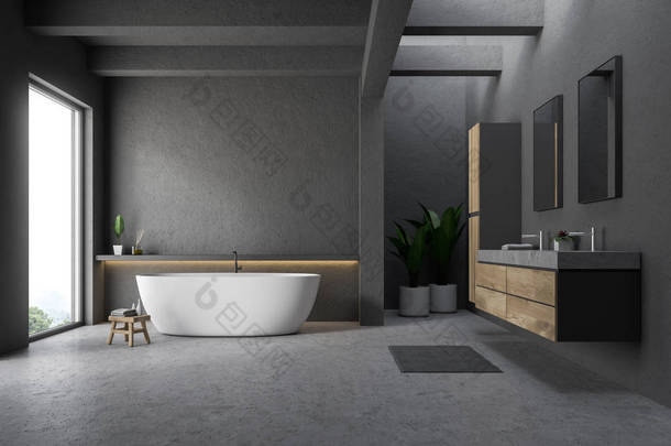 现代浴室的内部, 灰色的墙壁和地板, 阁楼窗口, 白色浴缸和大理石双<strong>水槽</strong>站在木台面上。3d 渲染