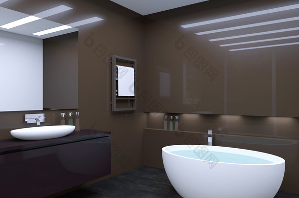 现代室内装饰的在城市里的公寓的浴室。3d 渲染