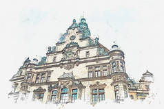 水彩素描或插图。古代建筑建筑群的一部分叫做皇宫。德累斯顿, 德国.