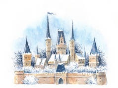 水彩冬天中世纪城堡在雪, 新年, 圣诞节, 童话, 魔术。堡垒, 欧洲, 中世纪, 文艺复兴, 巴洛克, 封建领主, 骑士, 旧城, 瓷砖, 历史, 明信片, 邀请.