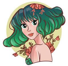 一个年轻的美丽的女人与绿色的头发和鲜花的肖像。插图
