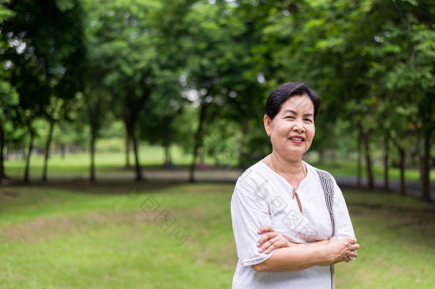 亚洲老年妇女站在公园里手挽手的画像，快乐而微笑，积极向上的态度思考