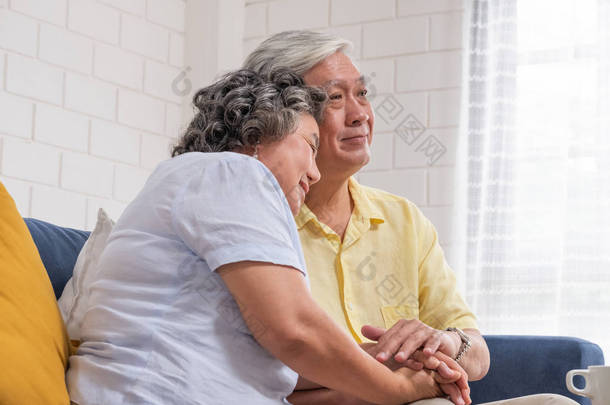 在客厅的客厅里，<strong>互相</strong>牵手，近距离地鼓励亚洲老年夫妇。幸福的退休生活方式.在家养老