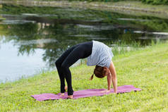 年轻美丽的女人在绿地公园做瑜伽锻炼。 健康生活方式和健身概念.