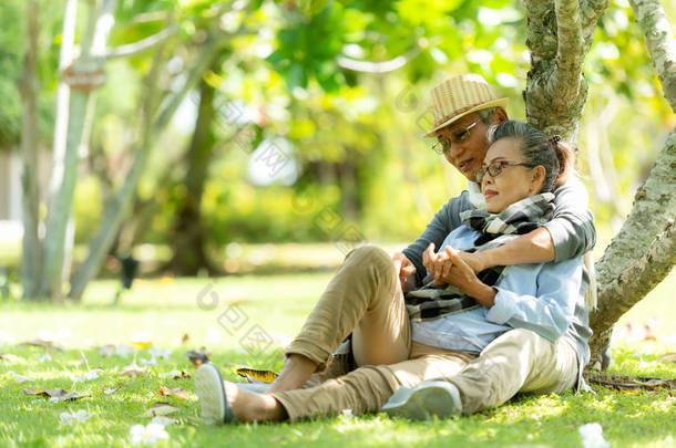亚洲生活方式老年夫妇拥抱和坐在自然公园快乐在爱情浪漫和放松的时候。旅游老年家庭退休后旅游休闲活动.