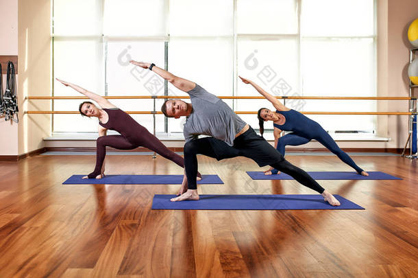 健身、瑜伽和健康生活方式概念 - 一群在各种瑜伽姿势中做伸展和冥想锻炼的人.