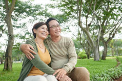 高级越南情侣在公园里拥抱