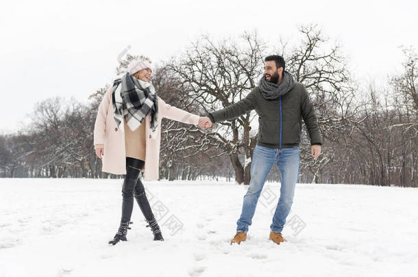 恩爱夫妻享受在公园里雪