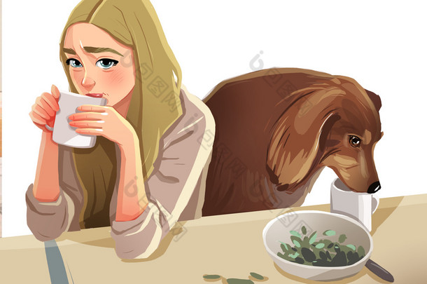女孩和她的狗喝了茶