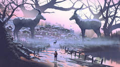 人看在黑斑羚村庄传奇动物在冬天森林, 数字艺术样式, 例证绘画