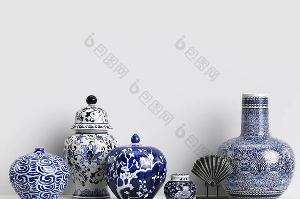 室内装饰样机与中国<strong>生姜</strong>罐子和珊瑚。数字插图. 3 d 渲染