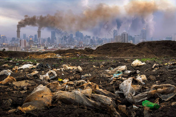 人类手中的有毒废物造成污染的行业和受污染影响的城市.