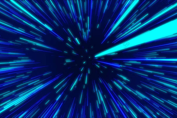 蓝色抽象径向线几何背景。数据流隧道。爆炸星。运动效果。背景