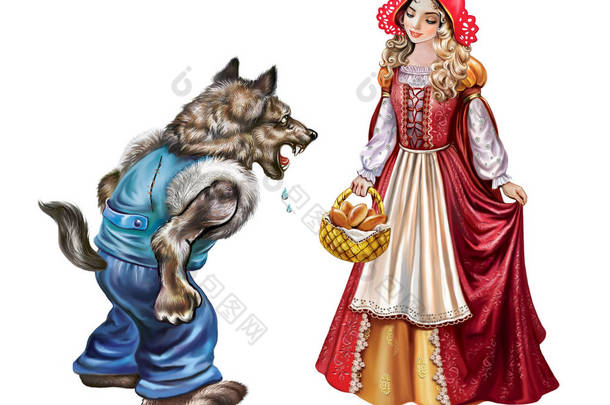 小红帽，提着一筐馅饼和灰狼，童话般的人物被白色的背景隔开了