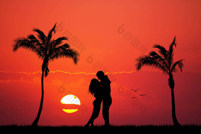 情侣亲吻在岛上