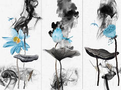 抽象的自然插图，三个蓝色睡莲与深灰色叶子在白色背景，三个蓝色的龙