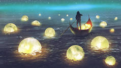 在海上漂浮的许多发光的月亮的人的夜风景, 数字式艺术样式, 例证绘画