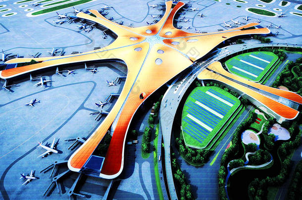 2016年9月20日，北京大兴国际机场位于北京大兴区的施工现场，一块展示艺术家对北京新机场（北京大兴国际机场）的签注。